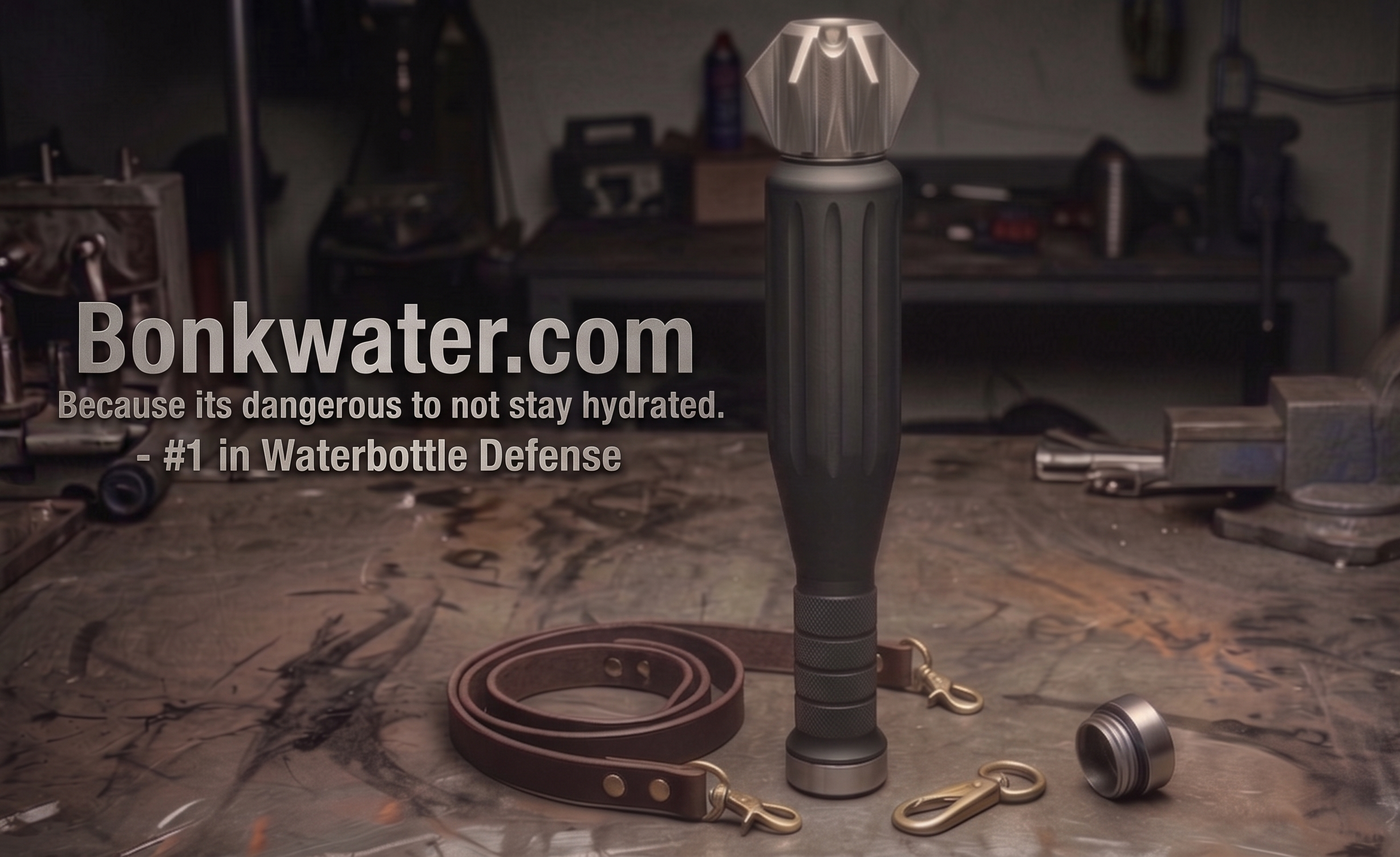 The Bonkwater bottle — a matte-black tactical water bottle shaped like a stick grenade, standing on a workshop bench beside a leather lanyard with brass clips. Text on the image reads: Bonkwater.com — Because it's dangerous to not stay hydrated. #1 in Waterbottle Defense.